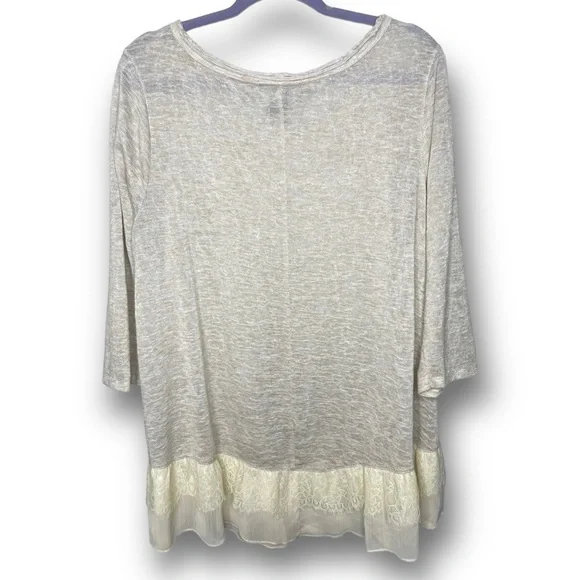 Living Doll Size 2X Ivory Lace Trim Gauzy 3/4 Sleeve Lightweight Dainty Top - Picture 2 of 11